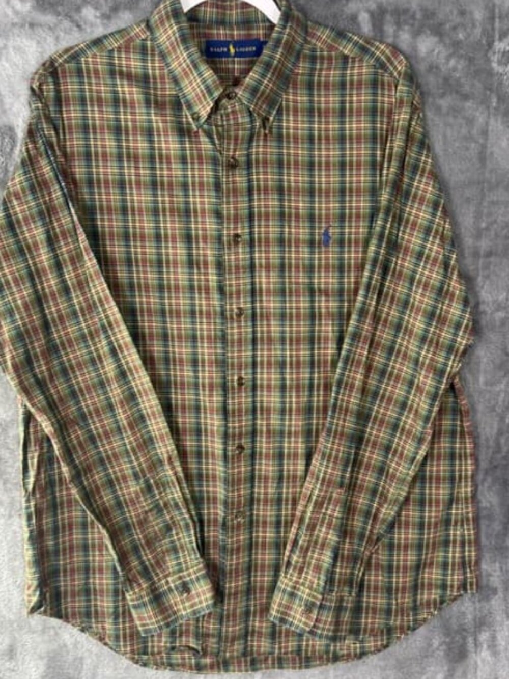 Men's Green Red Plaid Button Down Shirt in Large